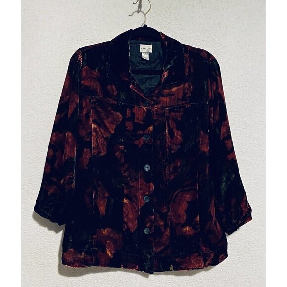 Chicos 1 Top Womens Medium 8 Velvet Button Up Shacket Silk Artsy Boho Black Red - Picture 1 of 6
